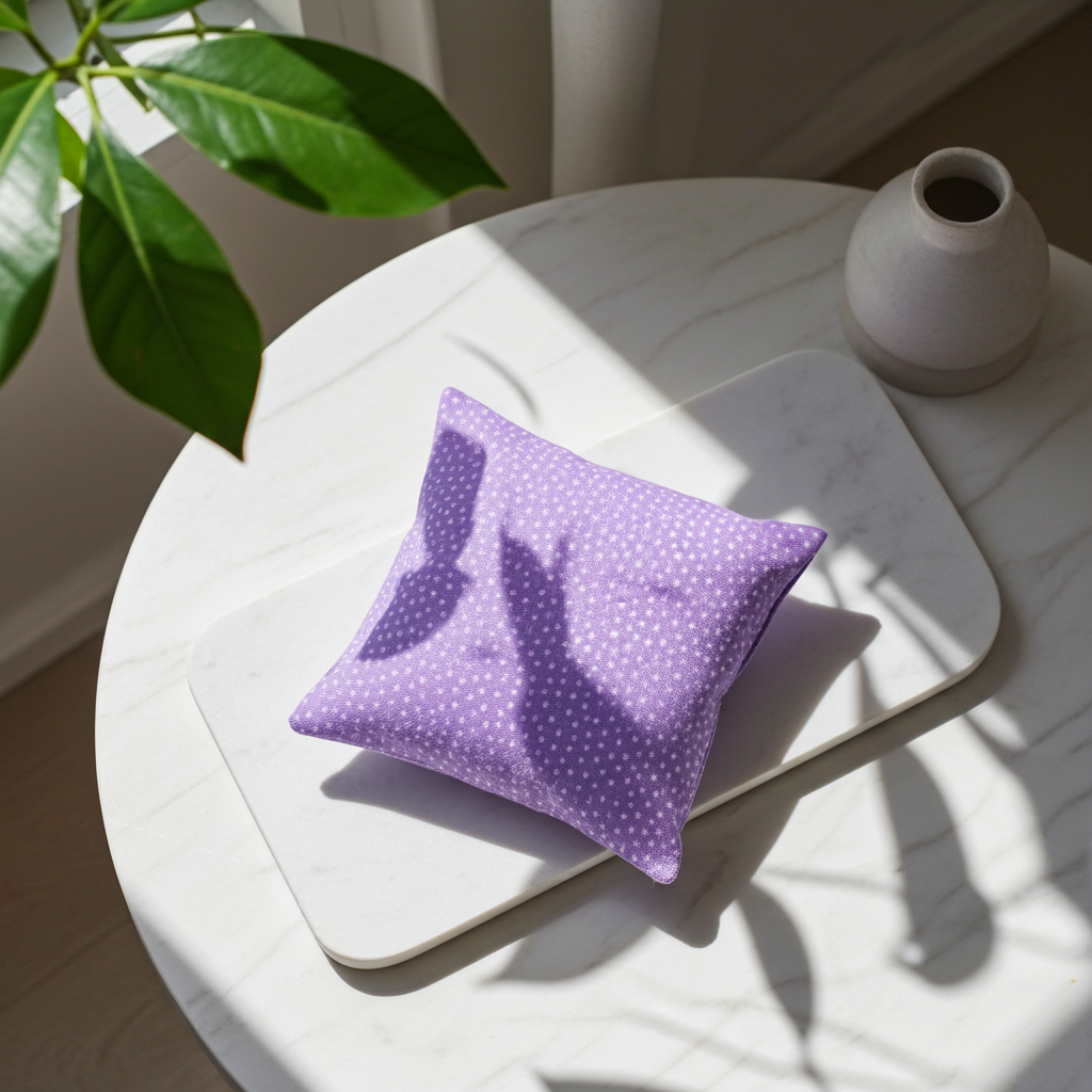 Lavendelkissen Lila mit Pünktchen – handgenäht als handgenähtes Lavendelkissen in stilvoller Anwendung
