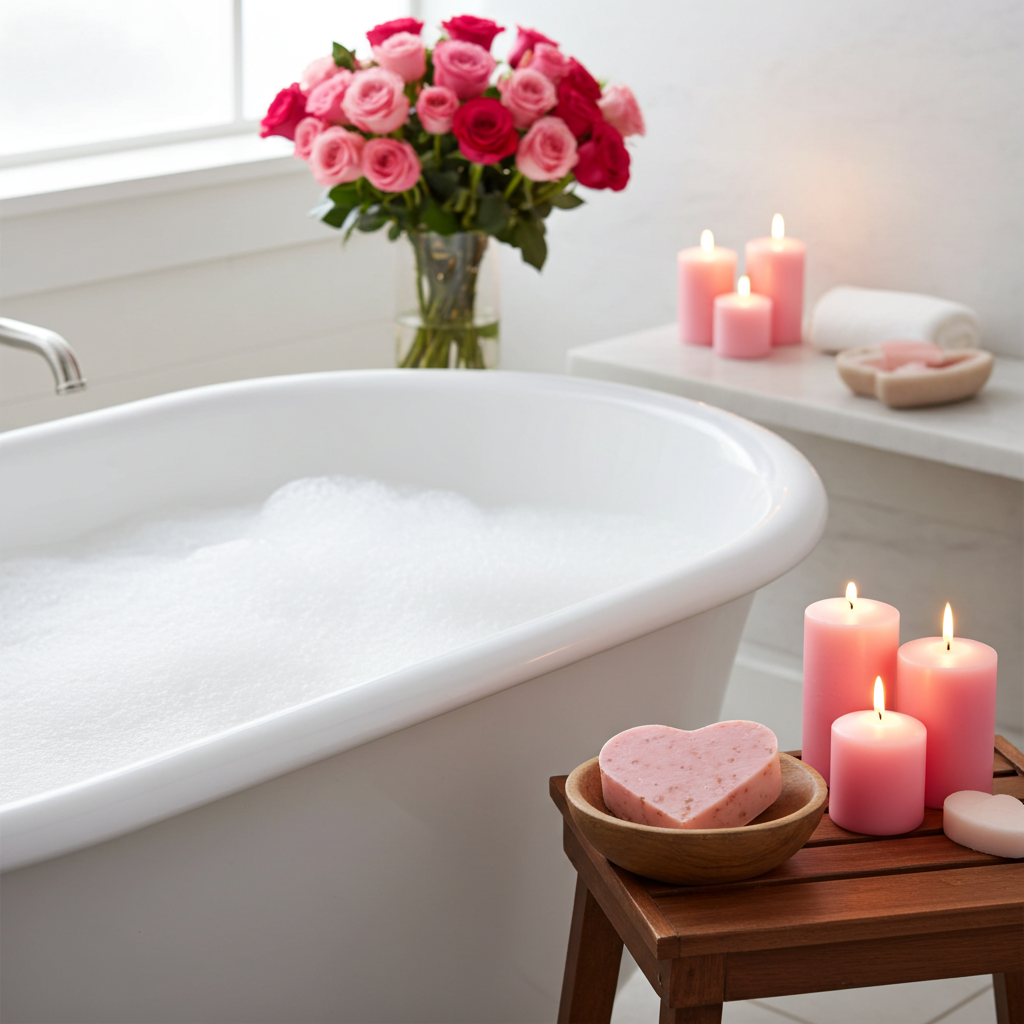 Rosenseife in Herzform dekorativ arrangiert als Geschenkidee oder Badezimmerdetail