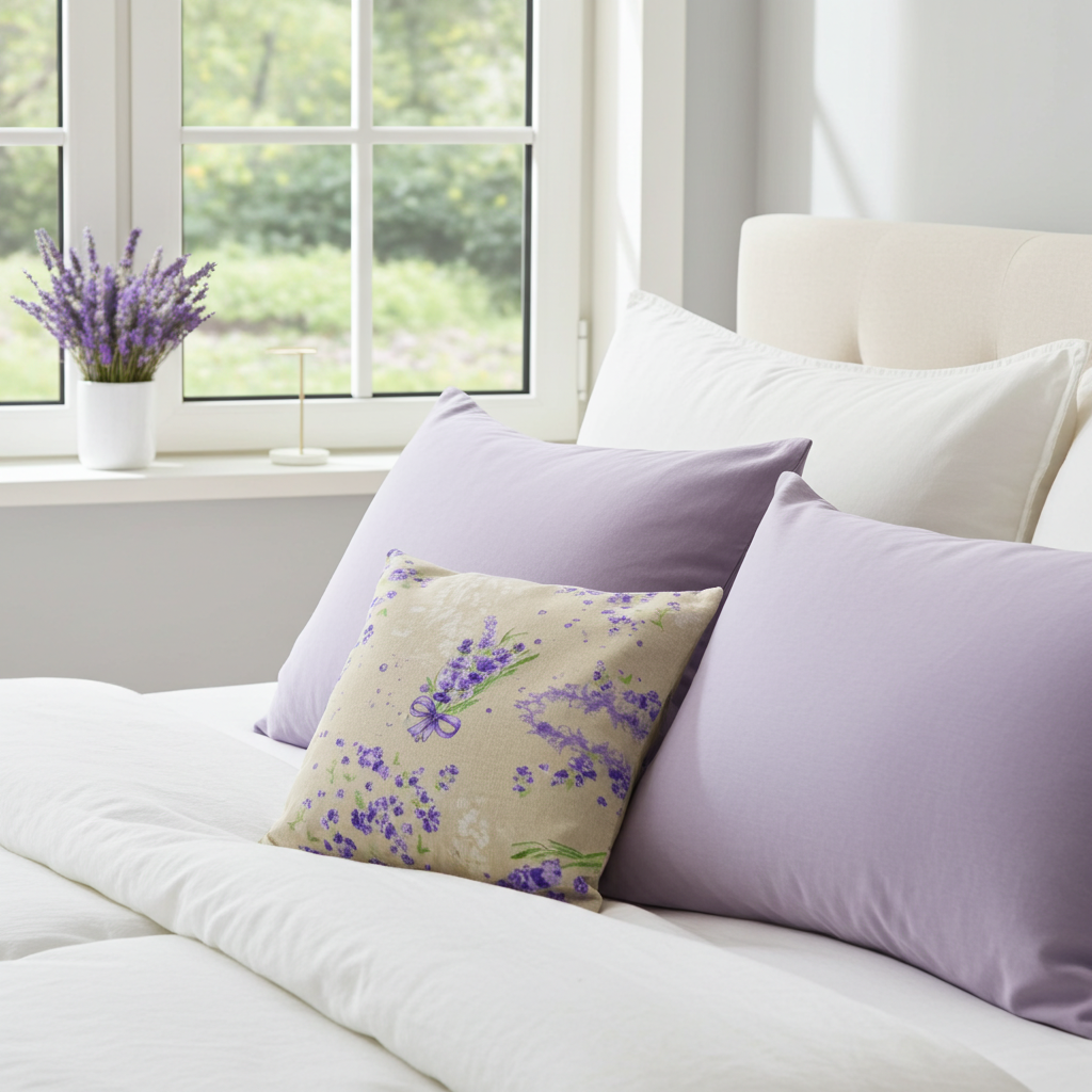 Lavendelkissen Beige-Lila – handgenäht als dekoratives Duftkissen im Schlafzimmer