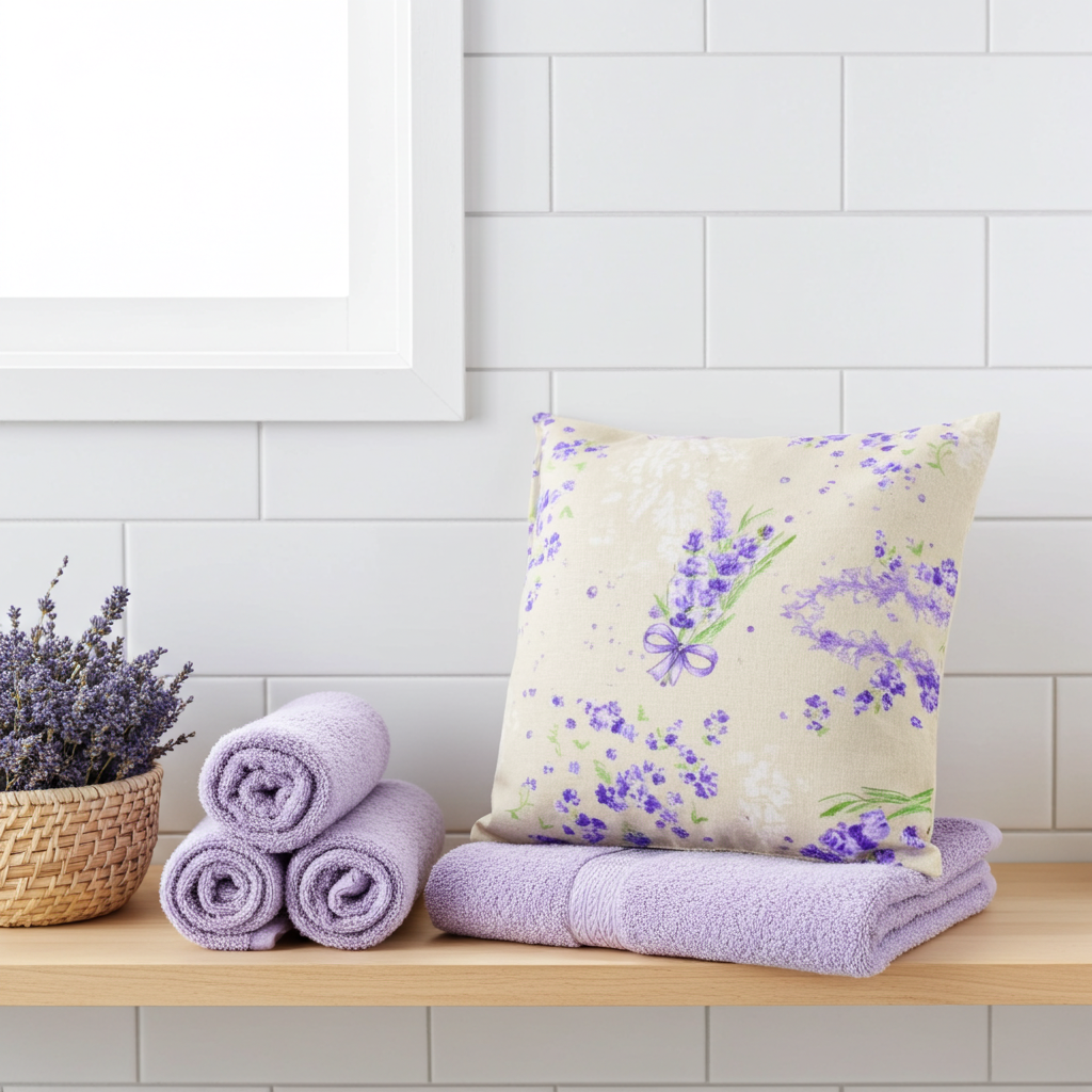 Nahaufnahme von Lavendelkissen Beige-Lila – handgenäht mit sichtbarer Stoffstruktur und Nähten