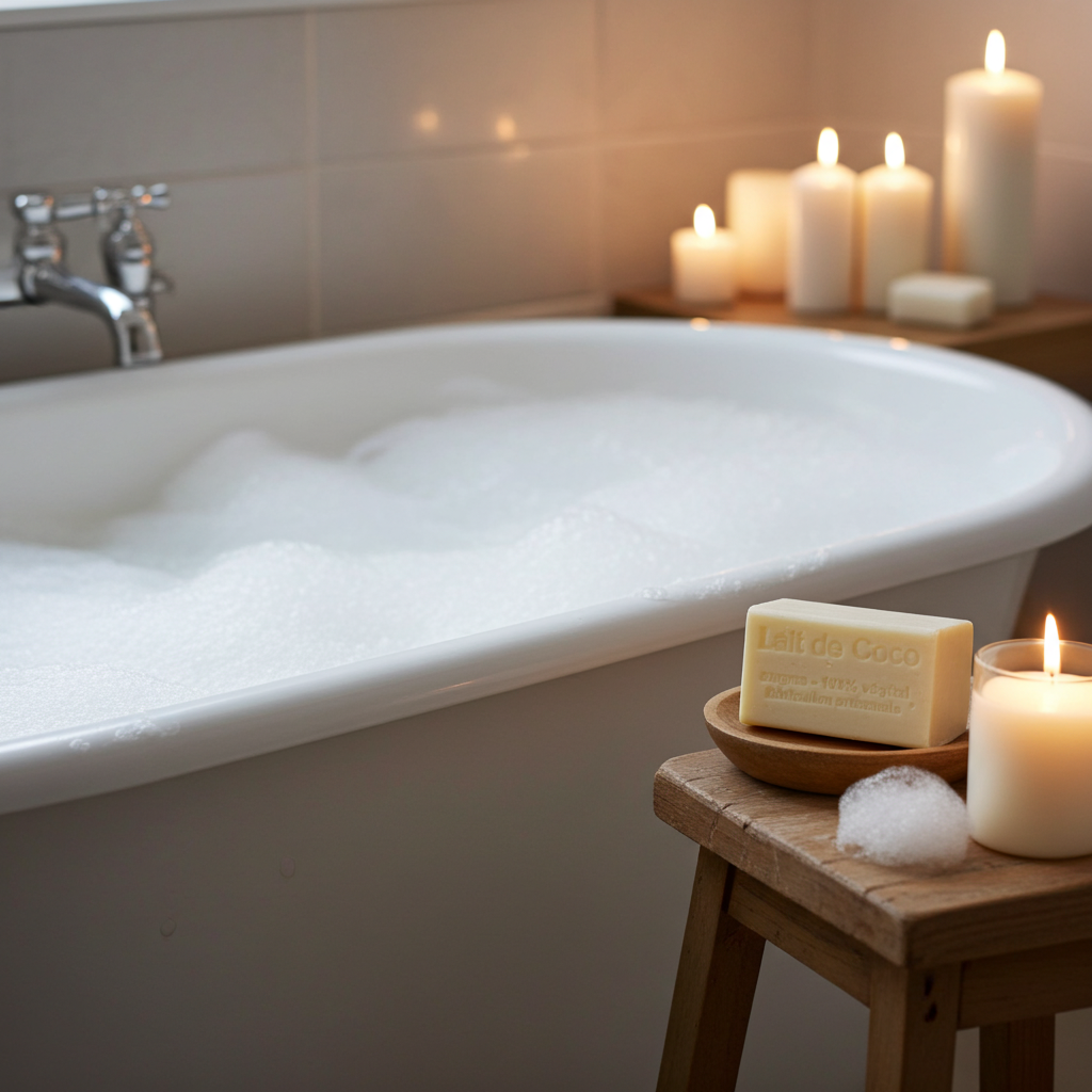 Kokosseife aus Frankreich dekorativ arrangiert als Geschenkidee oder Badezimmerdetail