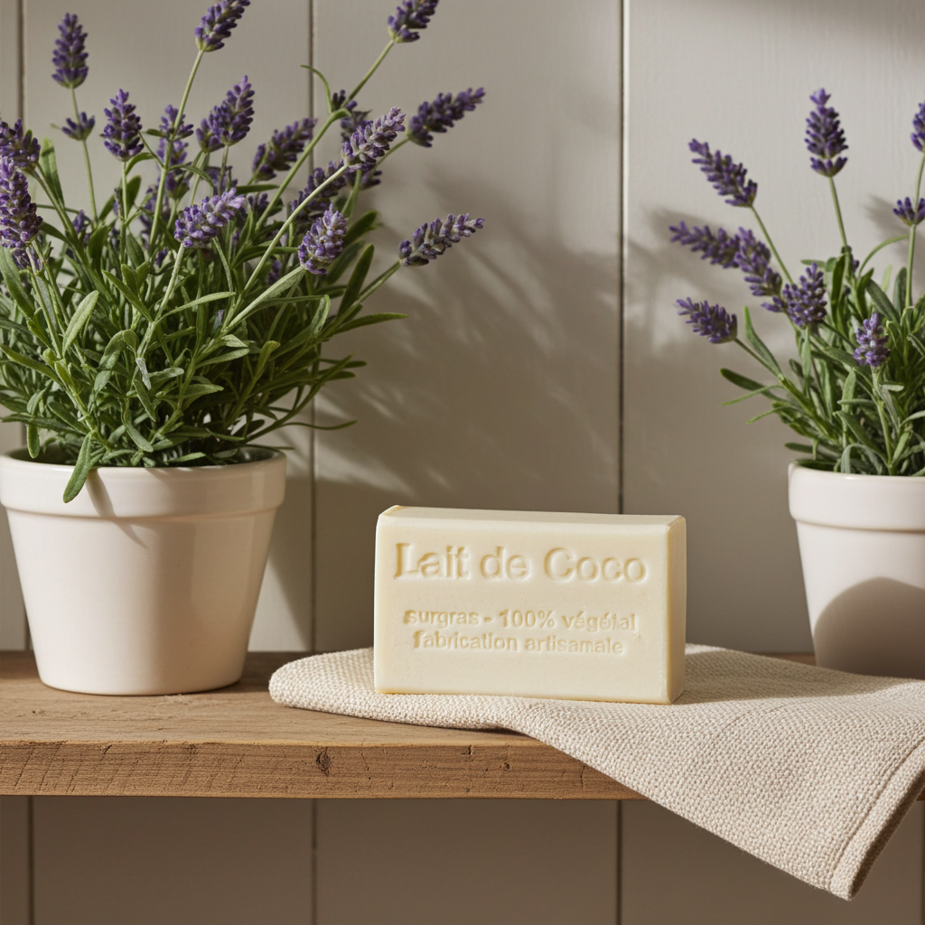 Nahaufnahme von Kokosseife aus Frankreich mit sichtbarer Oberfläche und Struktur