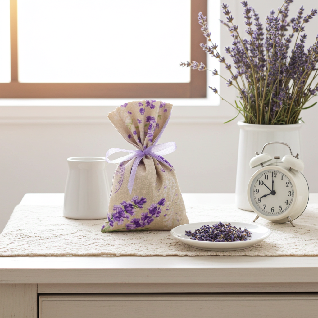 Nahaufnahme von Lavendelsäckchen Beige-Lila – handgenäht mit sichtbarer Stoffstruktur und Schleife