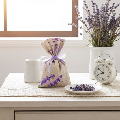Nahaufnahme von Lavendelsäckchen Beige-Lila – handgenäht mit sichtbarer Stoffstruktur und Schleife