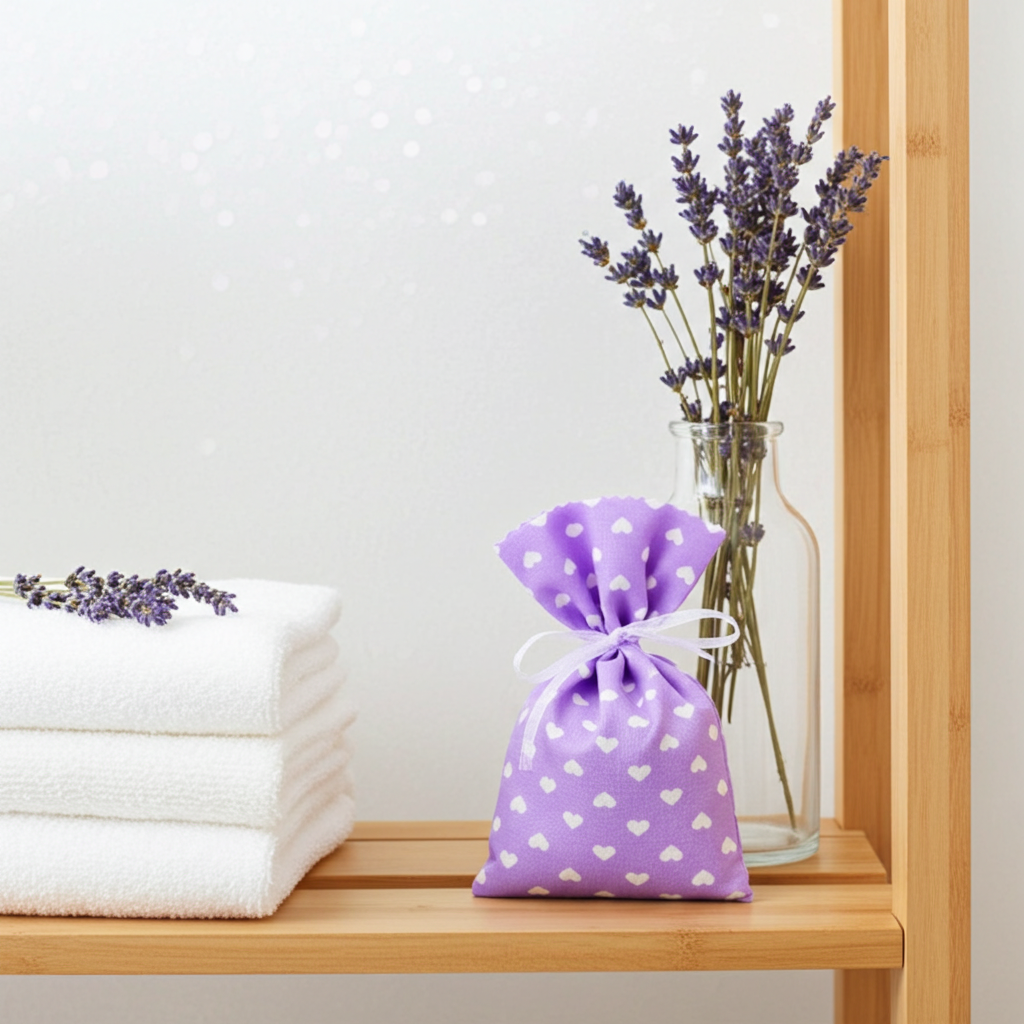 Nahaufnahme von Lavendelsäckchen Lila mit Herz – handgenäht mit sichtbarer Stoffstruktur und Schleife