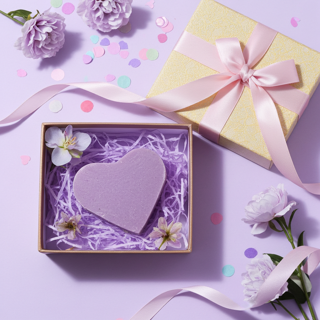 Nahaufnahme von Lavendelseife in Herzform mit sichtbarer Oberfläche und Struktur