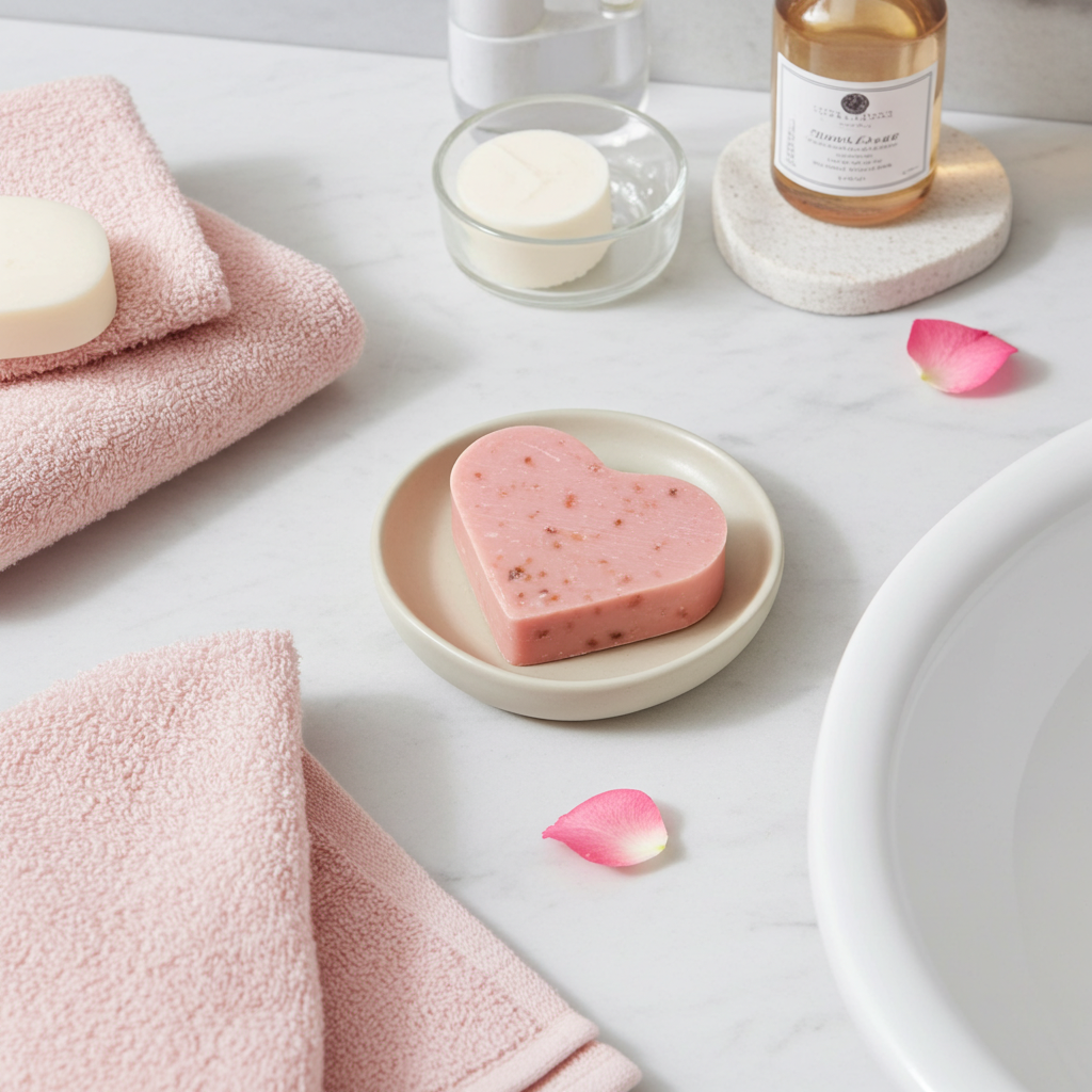 Nahaufnahme von Rosenseife in Herzform mit sichtbarer Oberfläche und Struktur
