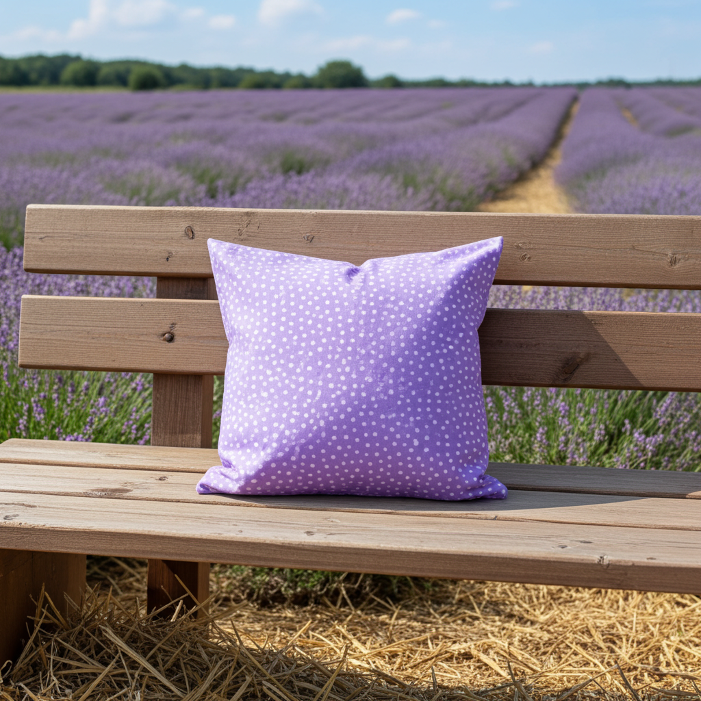 Lavendelkissen Lila mit Pünktchen – handgenäht dekorativ auf einem Bett mit heller Bettwäsche