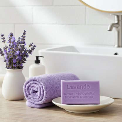 Nahaufnahme von Lavendelseife aus Frankreich mit sichtbarer Oberfläche und Struktur