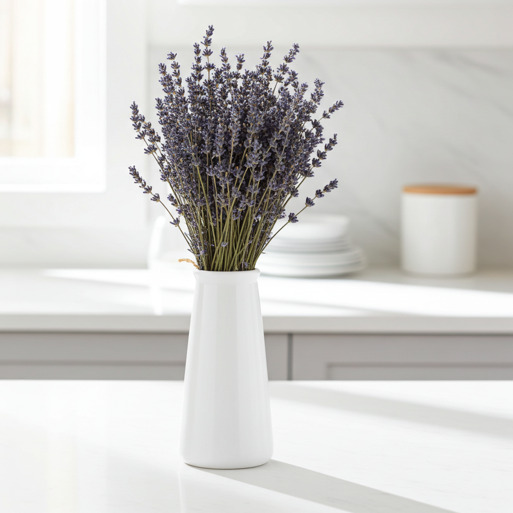 Lavendelstrauß Extra Blau auf Holztisch mit Leinenstoff in Provence-Atmosphäre