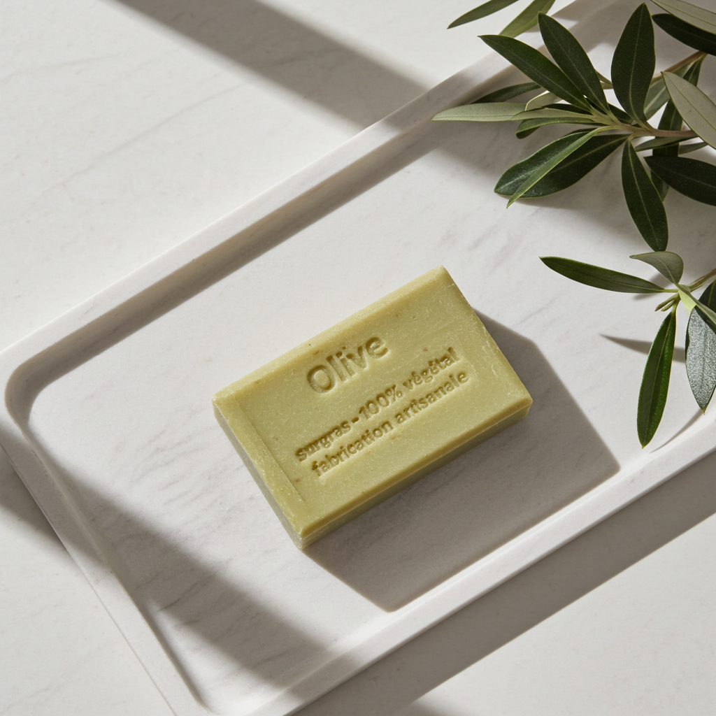 Olivenseife aus Frankreich dekorativ auf Stein mit natürlicher Produktinszenierung