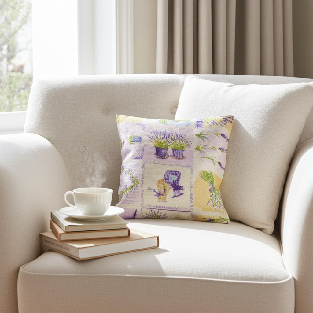 Nahaufnahme von Lavendelkissen Beige – handgenäht mit sichtbarer Stoffstruktur und Nähten