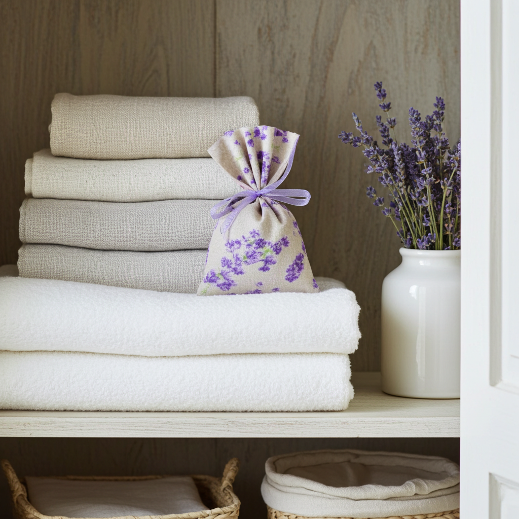 Lavendelsäckchen Beige-Lila – handgenäht im Kleiderschrank zwischen heller Wäsche