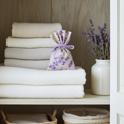 Lavendelsäckchen Beige-Lila – handgenäht im Kleiderschrank zwischen heller Wäsche