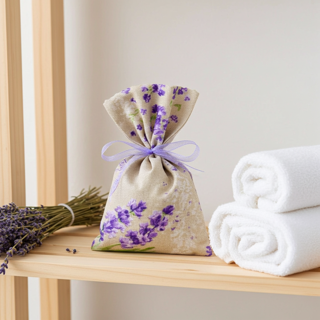 Lavendelsäckchen Beige-Lila – handgenäht mit Schleife zum Aufhängen im Schrank oder Wohnbereich