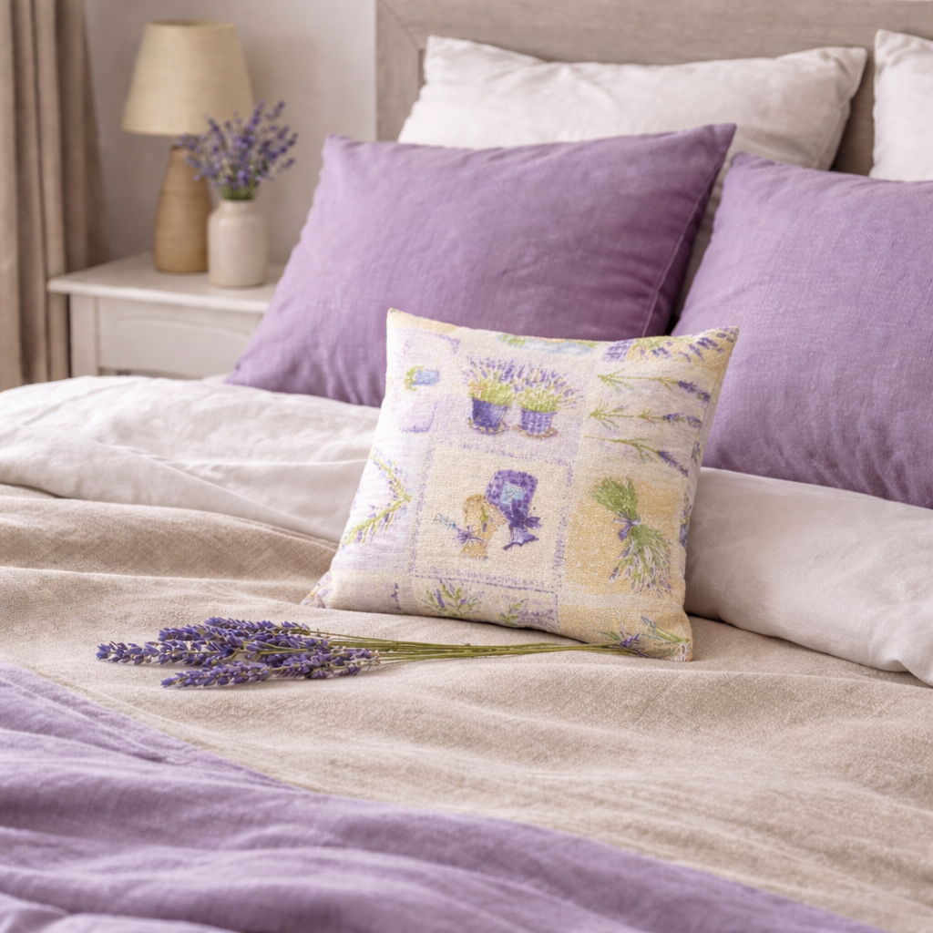 Lavendelkissen Beige – handgenäht mit getrocknetem Lavendel in natürlicher Produktinszenierung