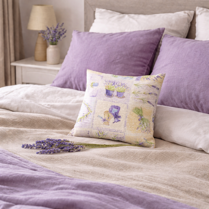 Lavendelkissen Beige – handgenäht mit getrocknetem Lavendel in natürlicher Produktinszenierung