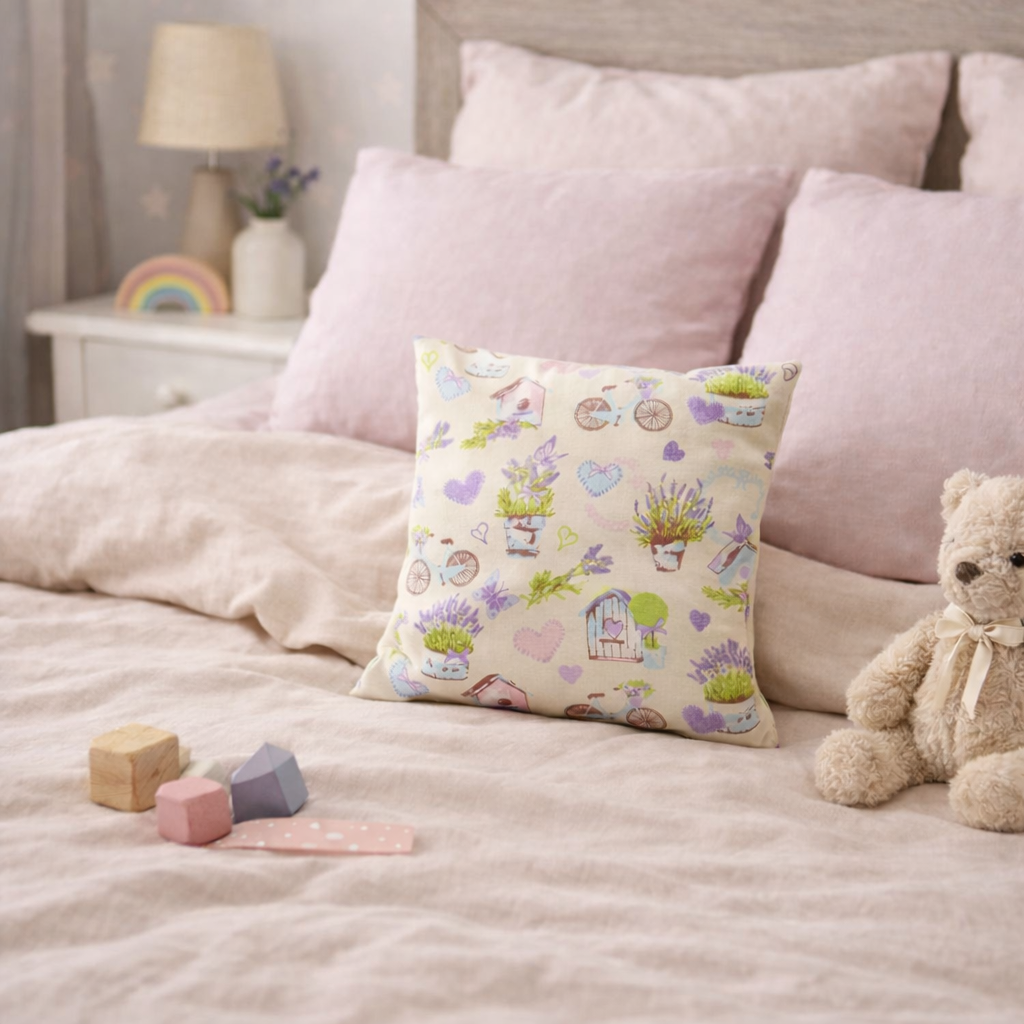 Nahaufnahme von Lavendelkissen Bunt mit Herzen – handgenäht mit sichtbarer Stoffstruktur und Nähten