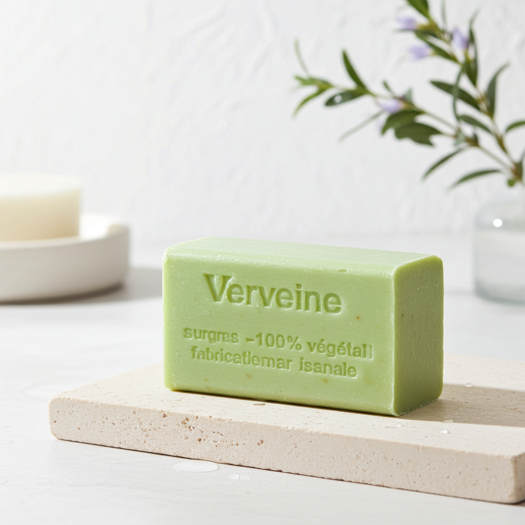 Verbenenseife aus Frankreich dekorativ arrangiert als Geschenkidee oder Badezimmerdetail