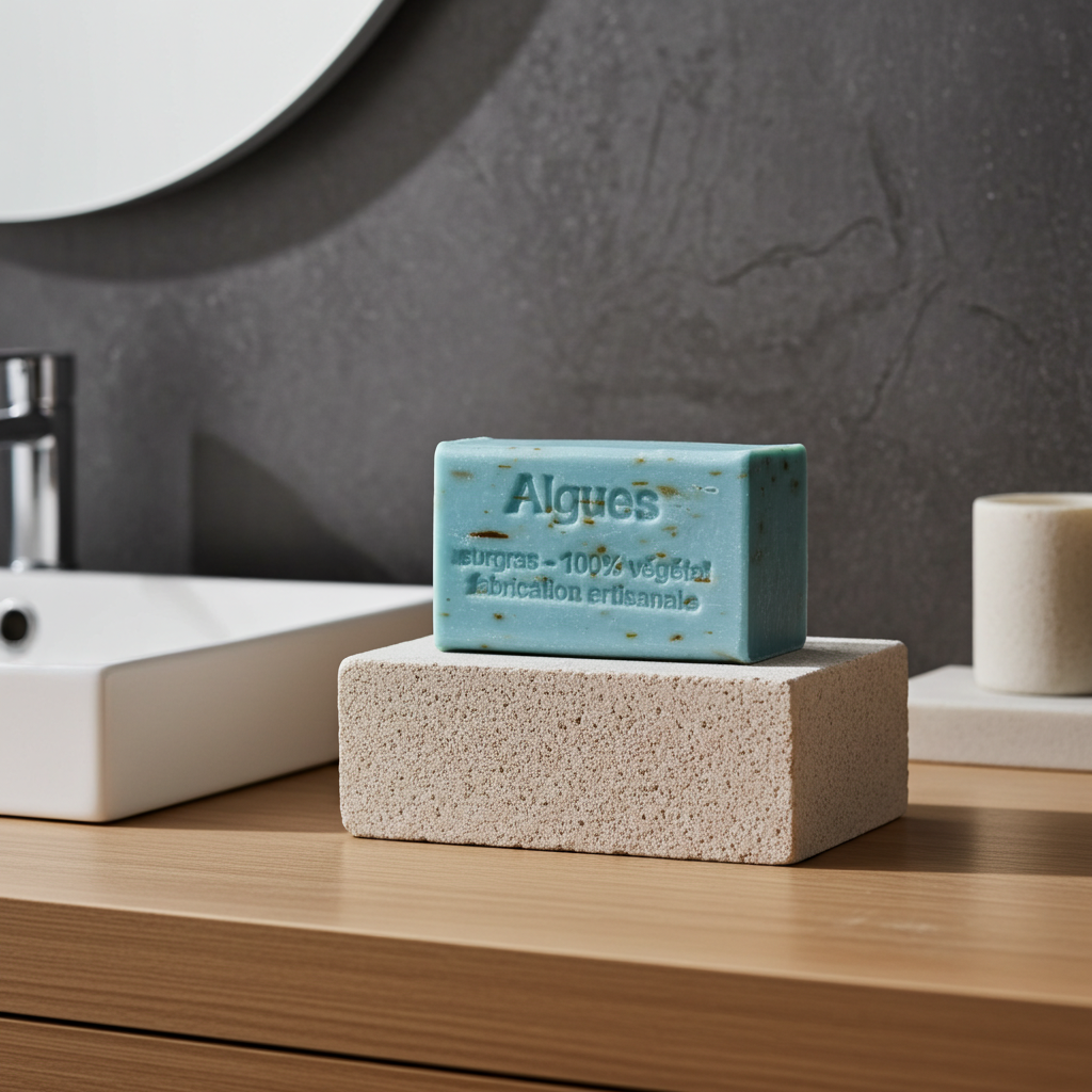 Algenseife aus Frankreich in stilvoller Badezimmer- oder Spa-Umgebung