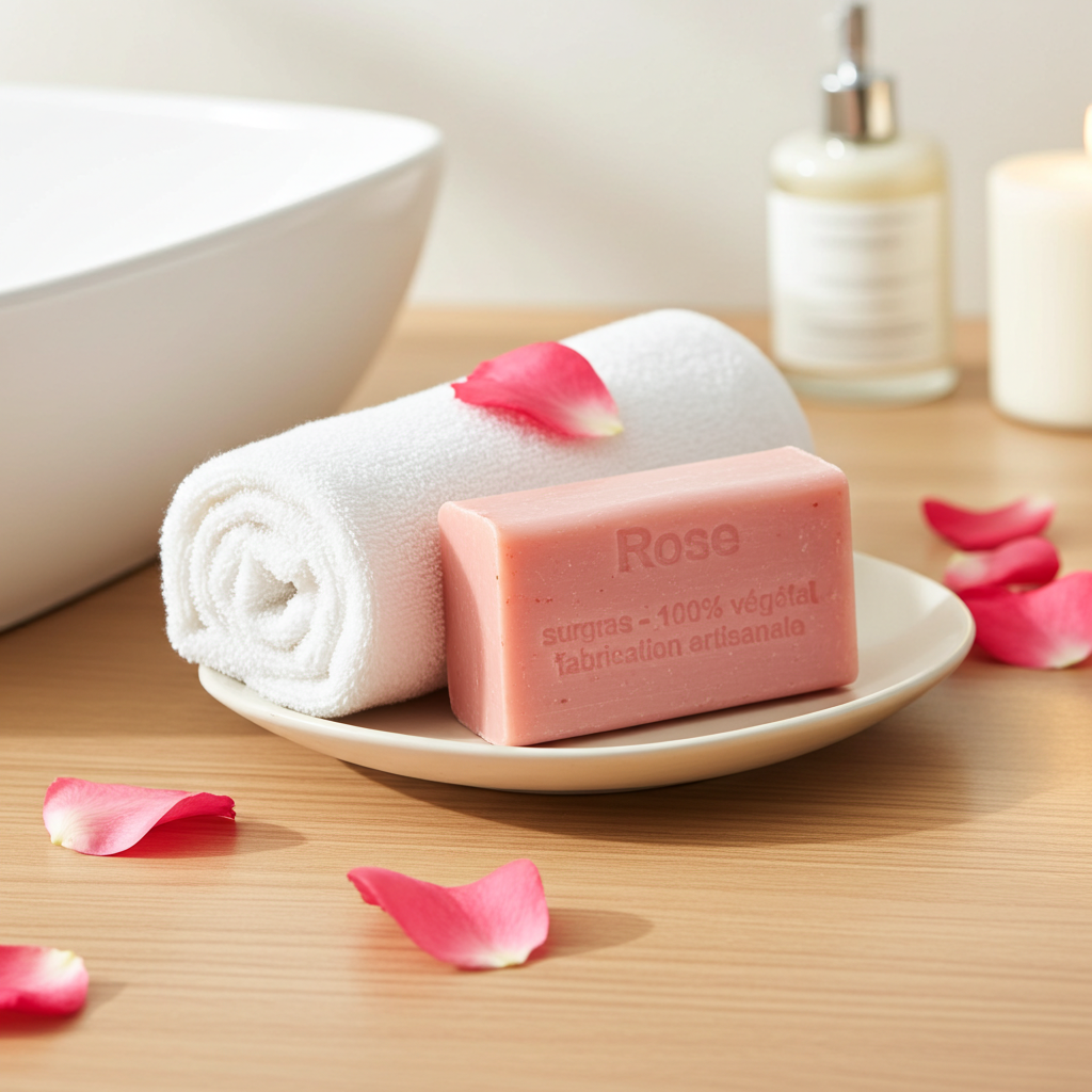 Rosenseife aus Frankreich dekorativ auf Stein mit natürlicher Produktinszenierung