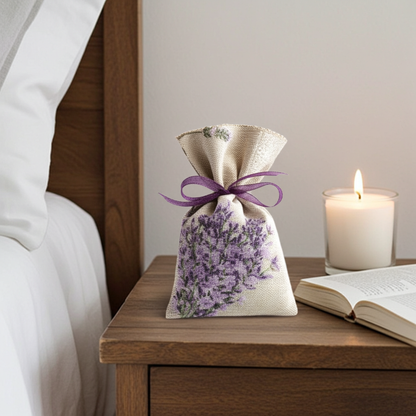 Lavendelsäckchen Grau-Beige – handgenäht in weiterer Detailansicht mit natürlicher Produktinszenierung