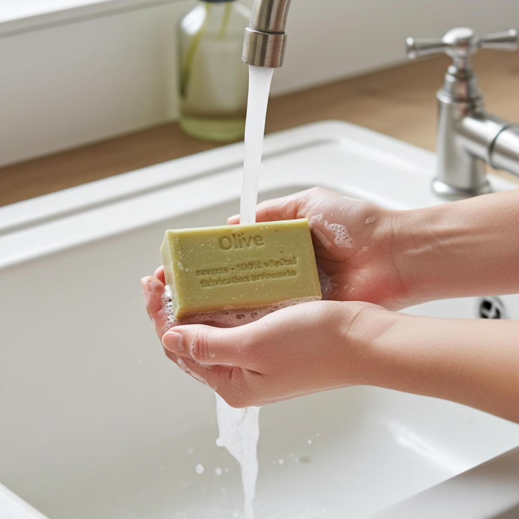 Olivenseife aus Frankreich dekorativ arrangiert als Geschenkidee oder Badezimmerdetail