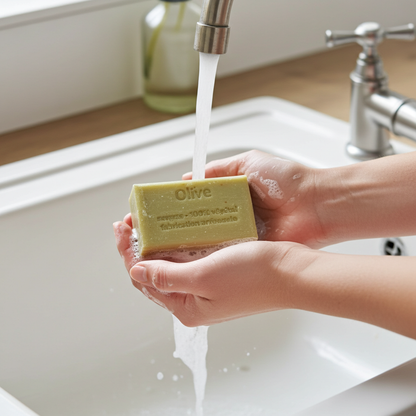 Olivenseife aus Frankreich dekorativ arrangiert als Geschenkidee oder Badezimmerdetail