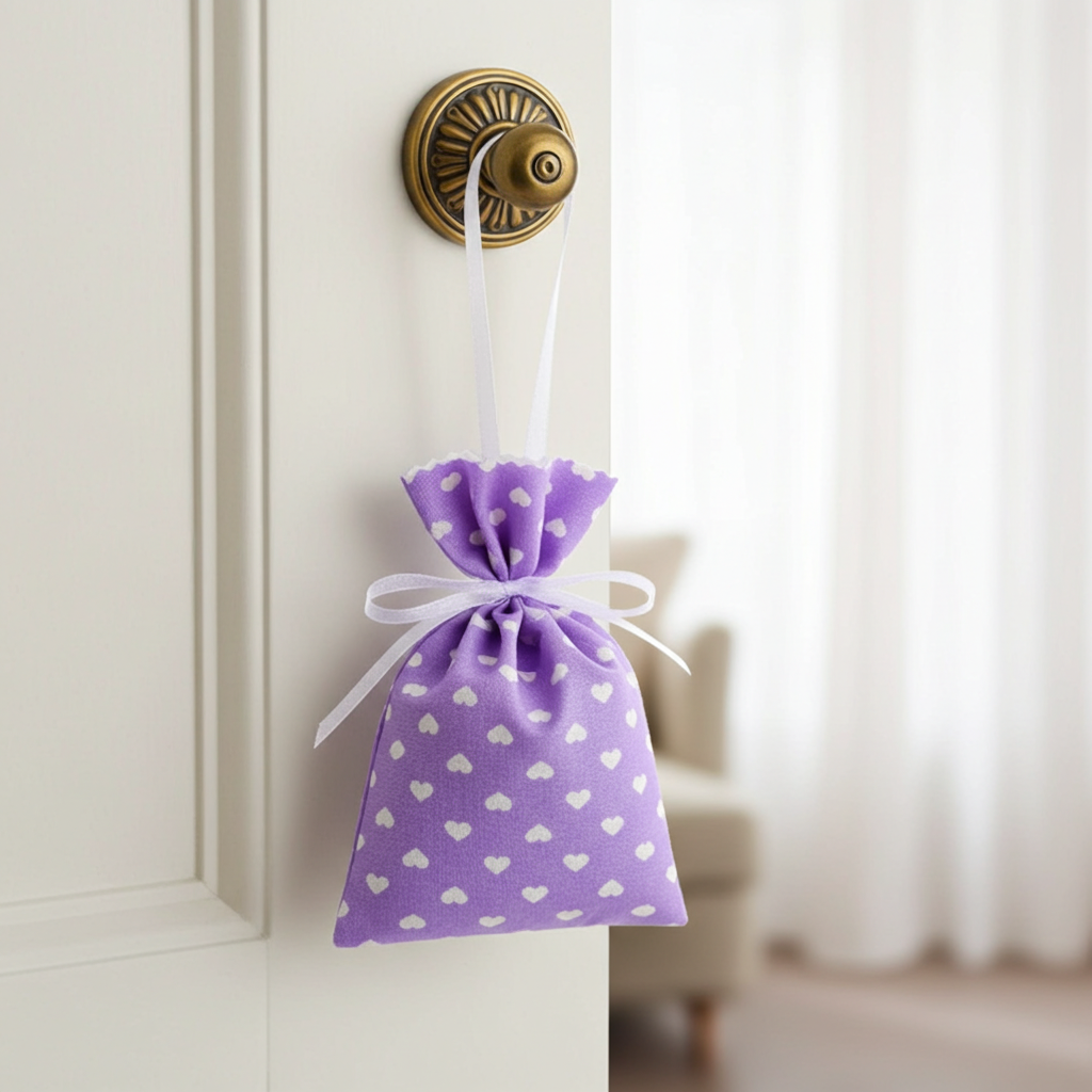 Lavendelsäckchen Lila mit Herz – handgenäht als handgenähtes Duftsäckchen in stilvoller Anwendung
