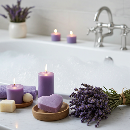 Lavendelseife in Herzform als hochwertiges Naturseifen-Produktfoto im Alltag