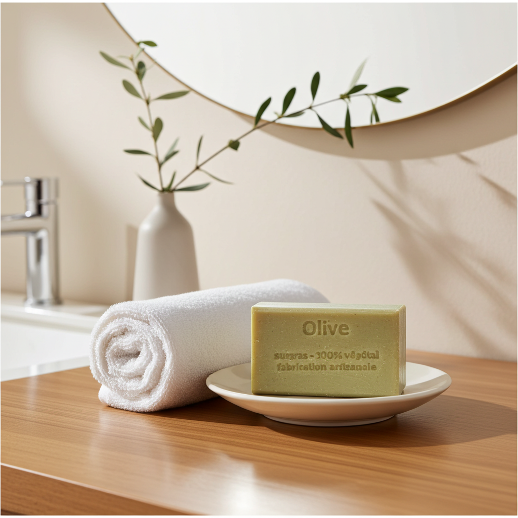 Olivenseife aus Frankreich in stilvoller Badezimmer- oder Spa-Umgebung