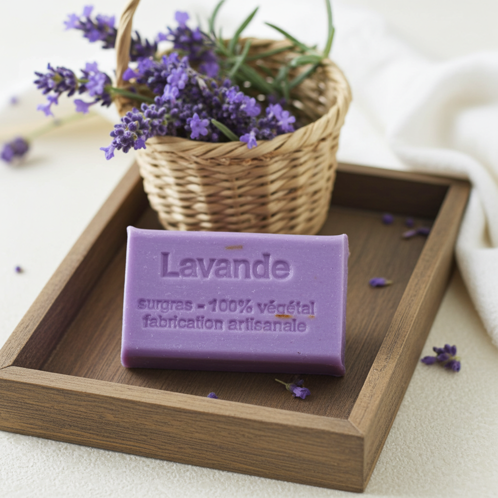 Lavendelseife aus Frankreich mit passender dekorativer Inszenierung und natürlichen Materialien