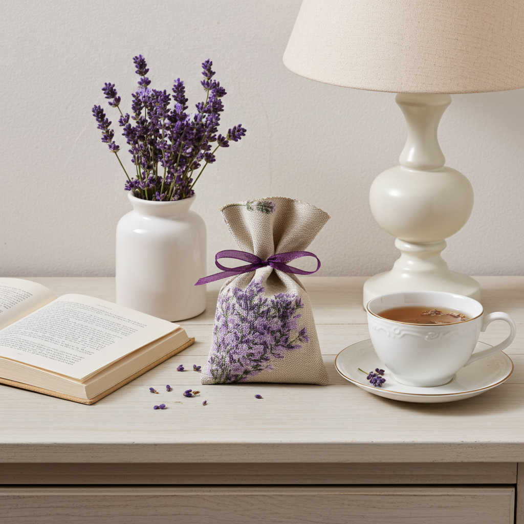 Lavendelsäckchen Grau-Beige – handgenäht dekorativ auf Kommode oder Leinenstoff mit Lavendelblüten