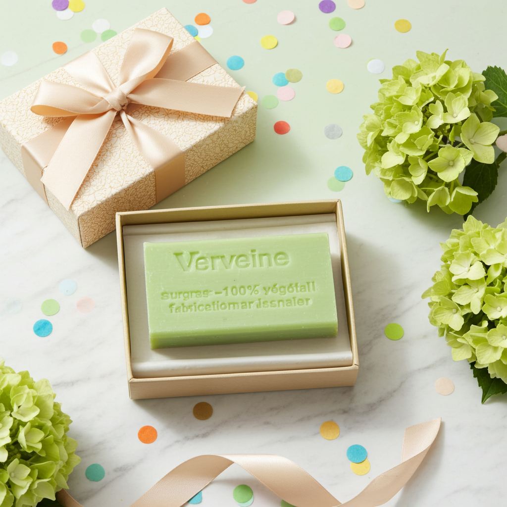 Verbenenseife aus Frankreich mit passender dekorativer Inszenierung und natürlichen Materialien