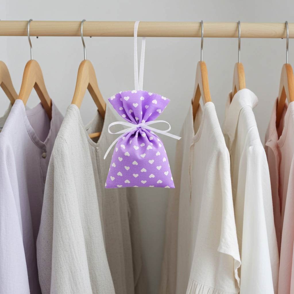 Lavendelsäckchen Lila mit Herz – handgenäht dekorativ auf Kommode oder Leinenstoff mit Lavendelblüten