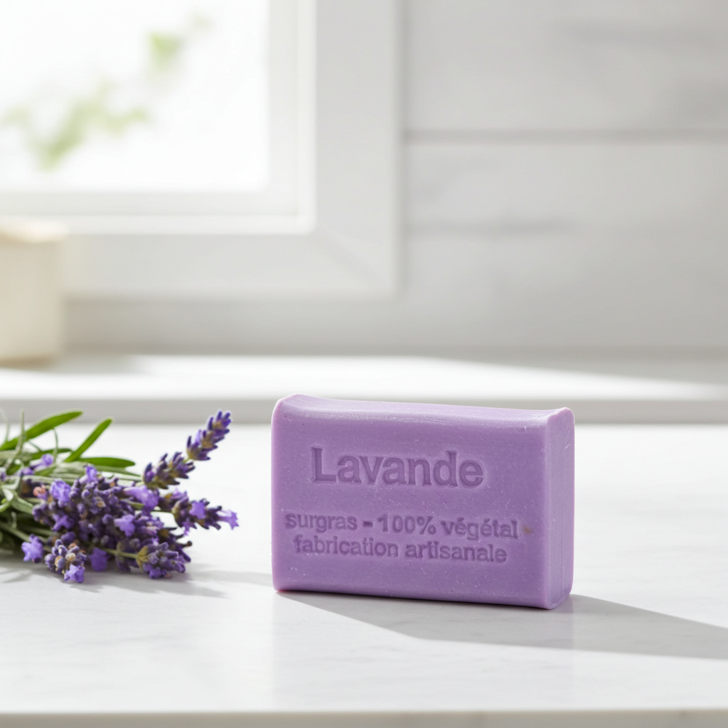 Lavendelseife aus Frankreich als hochwertiges Naturseifen-Produktfoto im Alltag