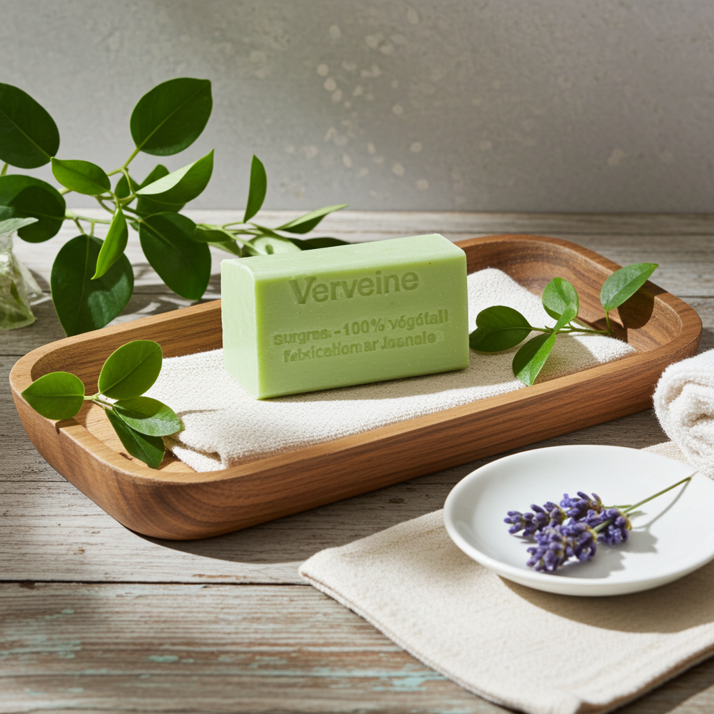 Verbenenseife aus Frankreich in stilvoller Badezimmer- oder Spa-Umgebung