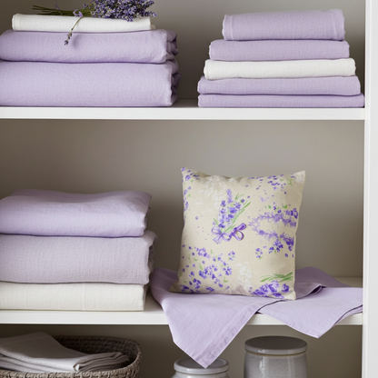 Lavendelkissen Beige-Lila – handgenäht mit getrocknetem Lavendel in natürlicher Produktinszenierung