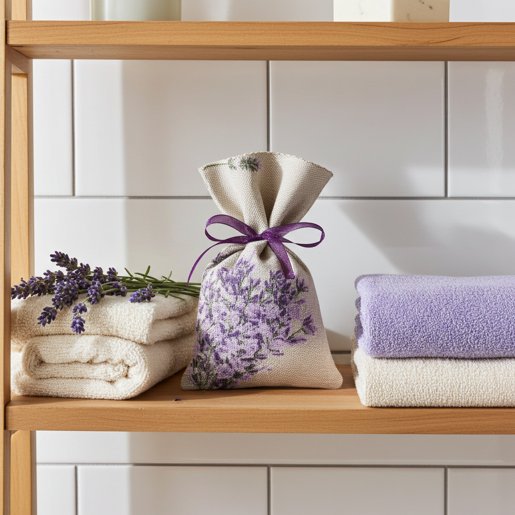 Lavendelsäckchen Grau-Beige – handgenäht mit Schleife zum Aufhängen im Schrank oder Wohnbereich
