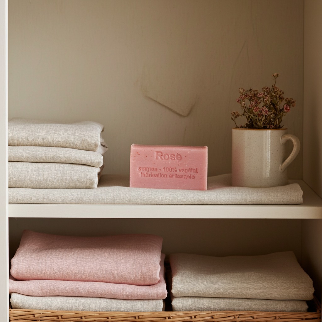 Nahaufnahme von Rosenseife aus Frankreich mit sichtbarer Oberfläche und Struktur