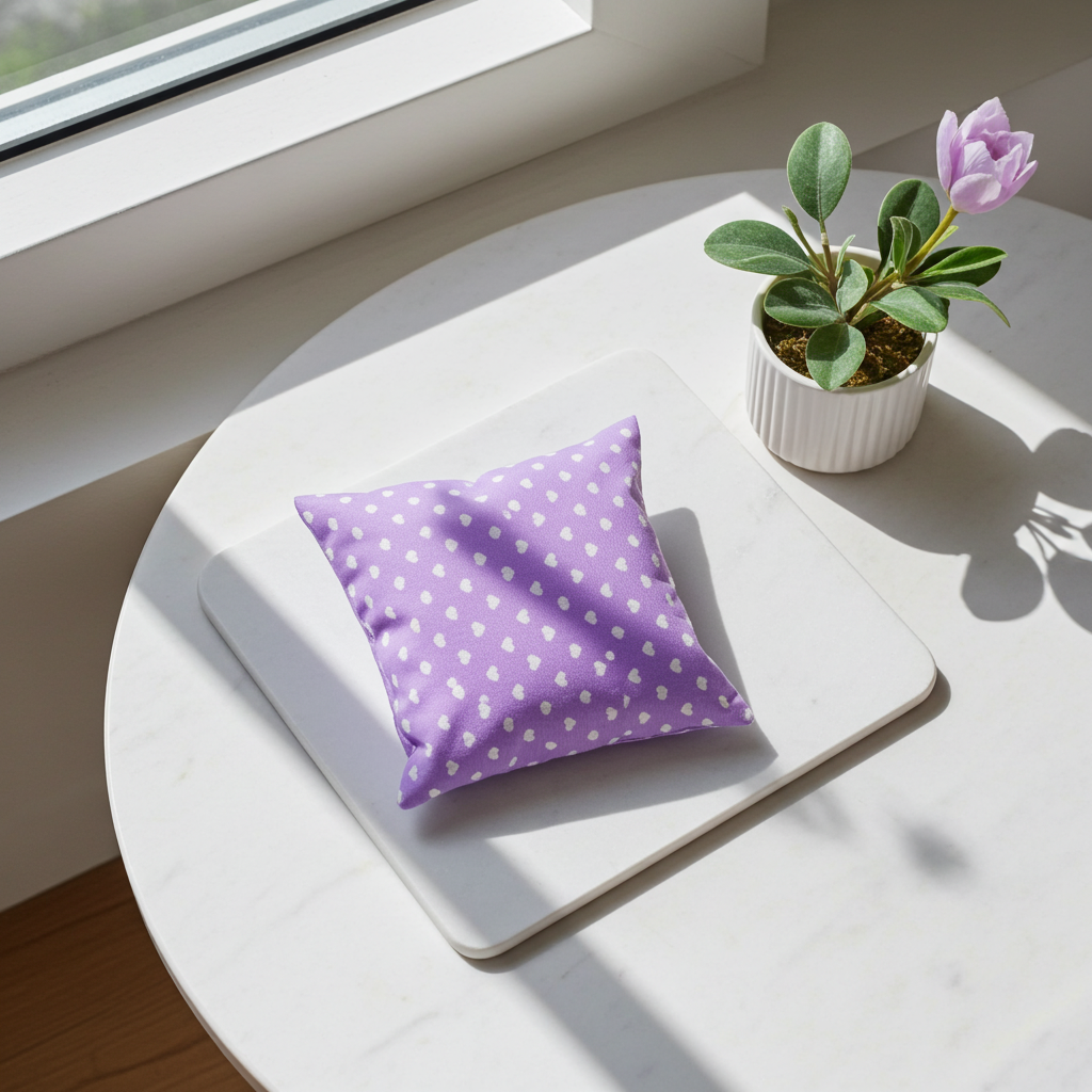 Lavendelkissen Lila mit Herz – handgenäht in ruhiger Wohn- oder Kinderzimmeratmosphäre