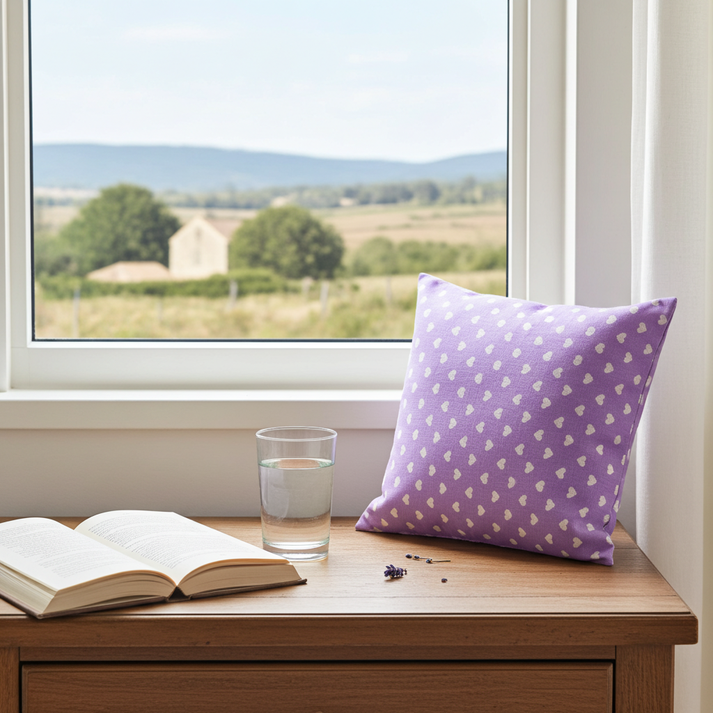 Lavendelkissen Lila mit Herz – handgenäht als dekoratives Duftkissen im Schlafzimmer