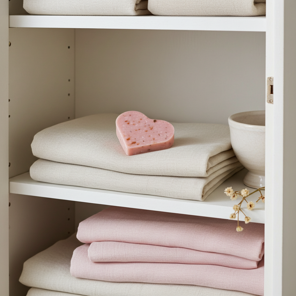 Rosenseife in Herzform als hochwertiges Naturseifen-Produktfoto im Alltag