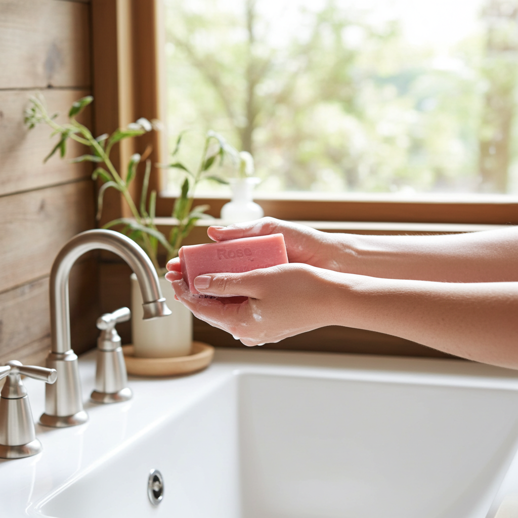 Rosenseife aus Frankreich mit passender dekorativer Inszenierung und natürlichen Materialien