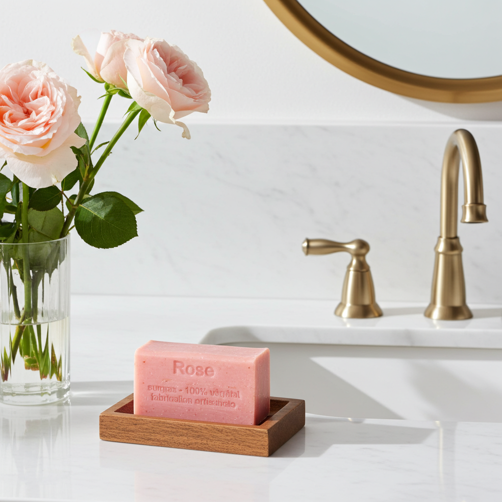 Rosenseife aus Frankreich dekorativ arrangiert als Geschenkidee oder Badezimmerdetail
