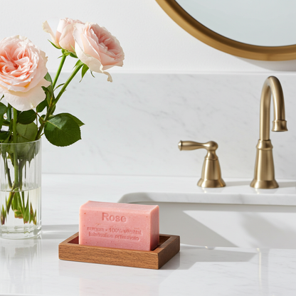 Rosenseife aus Frankreich dekorativ arrangiert als Geschenkidee oder Badezimmerdetail