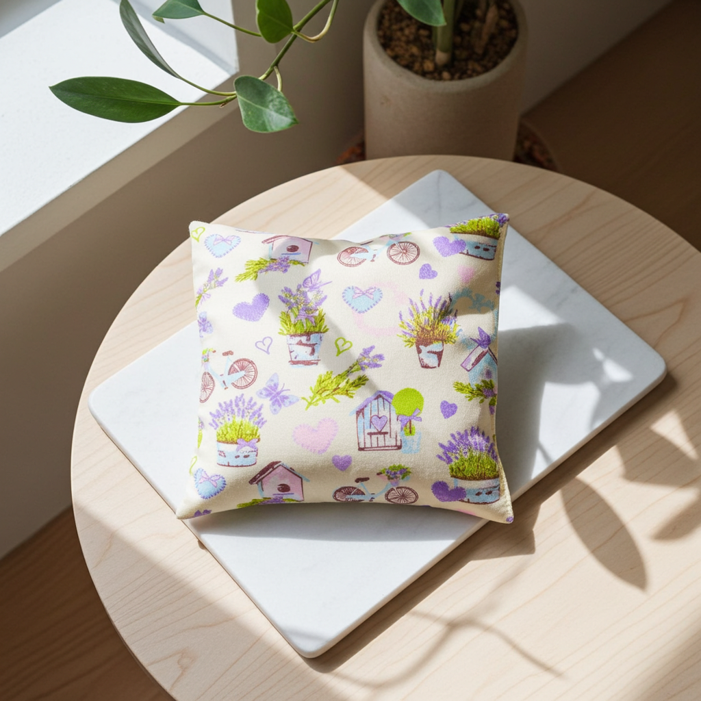 Lavendelkissen Bunt mit Herzen – handgenäht als handgenähtes Lavendelkissen in stilvoller Anwendung
