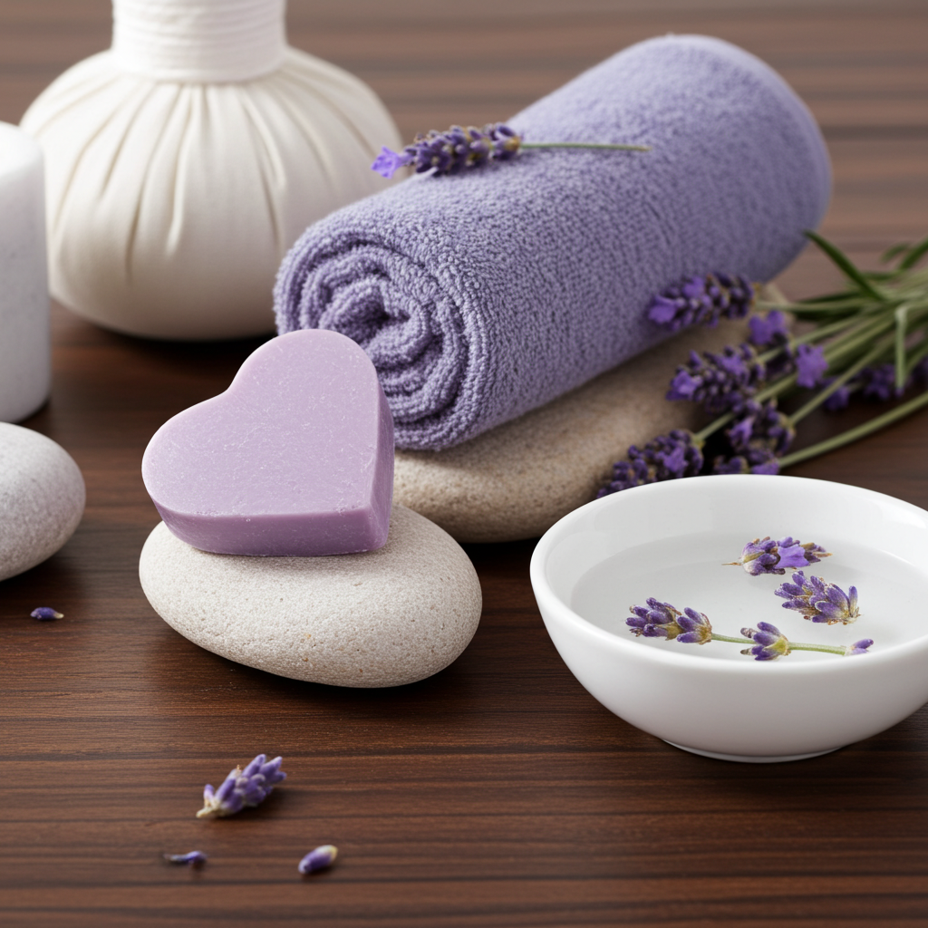 Lavendelseife in Herzform in stilvoller Badezimmer- oder Spa-Umgebung