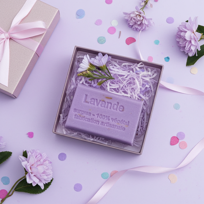 Lavendelseife aus Frankreich dekorativ auf Stein mit natürlicher Produktinszenierung