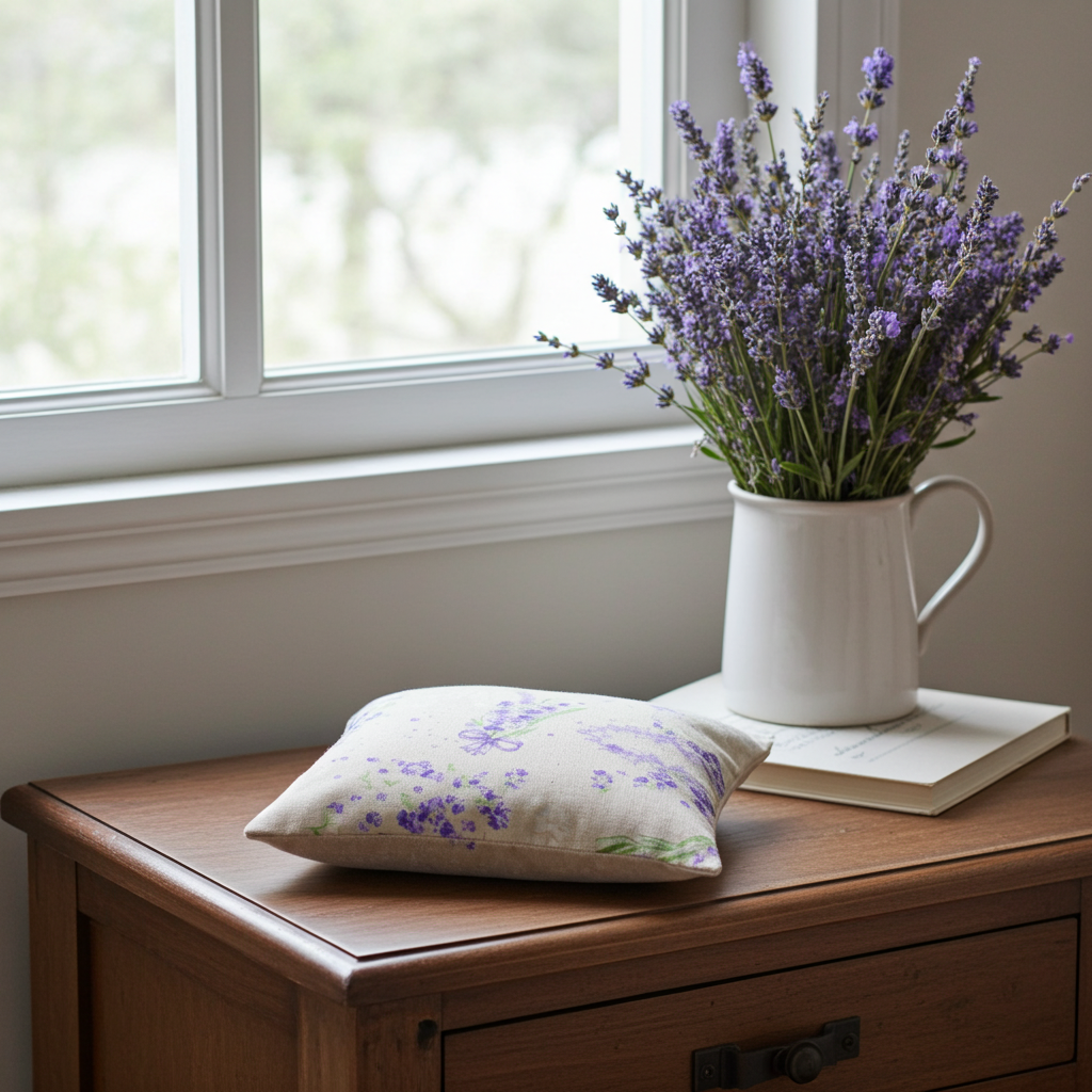 Lavendelkissen Beige-Lila – handgenäht in ruhiger Wohn- oder Kinderzimmeratmosphäre